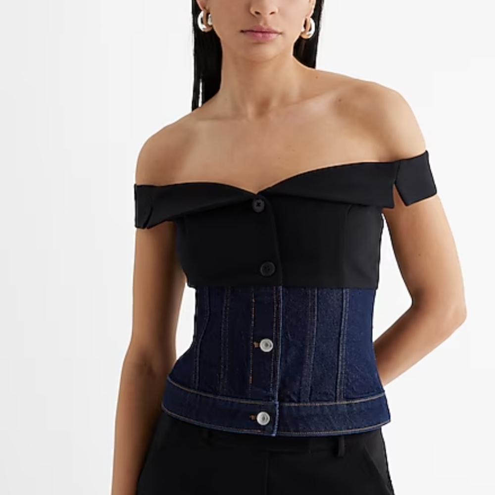 Express Denim Twill Off The Shoulder Faux Button Front Corset Top